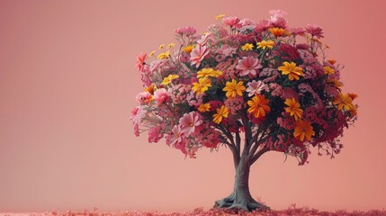 Obraz premium Flourishing Mind: Self-Care and Mental Health Concept with Human Brain Tree, Flowers, Positive Thinking, and Creative Mind