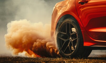 Red car speeding and burning rubber, leaving a trail of smoke. Close up shot of rear wheel and exhaust fumes.