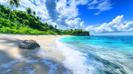 Obraz premium Tropical paradise beach, crystal clear turquoise water, white sand shoreline, lush green palm trees, bright blue sky, fluffy white clouds, sunny day, vibrant colors, high contrast,.