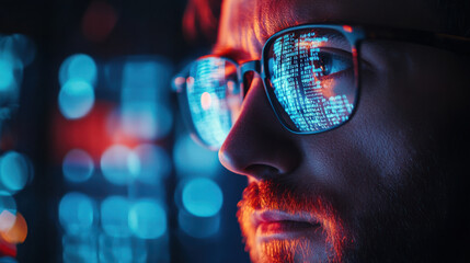 ethical hacking,  A hacker, seen from the side, gazes at holographic source code hovering before him. His glasses reflect the intricate data illuminated by the screen in an