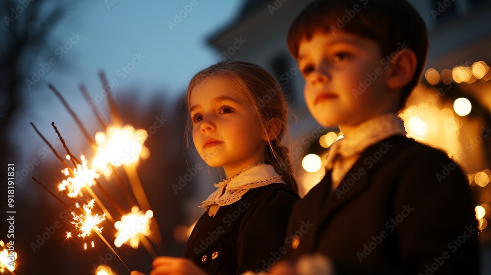 Sticker Victorian children playing with sparklers outside a decorated home, joyful expressions, snow on the ground, medium shot 