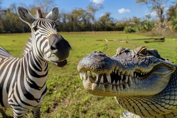 A crocodile taking a selfie with a zebra
