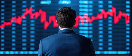 Worried entrepreneur looking at a declining stock market chart, symbolizing impending bankruptcy and business insolvency