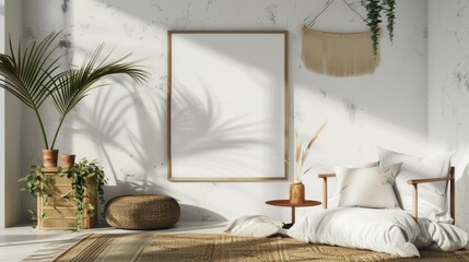Boho photo frame mockup with palm leaf, blank space, cozy Scandinavian decor