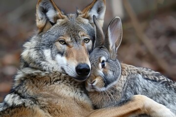 Fototapeta premium A wolf taking a selfie with a rabbit