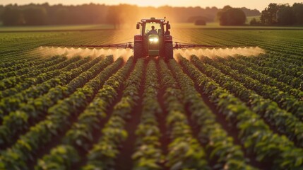 Obraz premium Tractor Spraying Crops at Sunset in a Vast Agricultural Field with Rows of Green Plants
