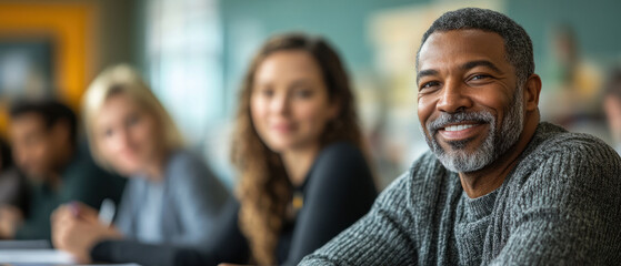 social skills workshops,  A diverse group of adults participating in a social skills workshop, seated in a bright classroom. They engage in role-playing exercises with supportive