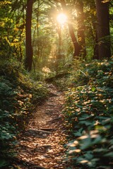 Obraz premium Sunlit Forest Path with Lush Greenery and Golden Sun Rays Breaking Through the Trees in a Serene Natural Setting