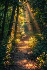 Obraz premium Sunlit Forest Path with Lush Greenery and Golden Sunbeams Creating a Serene and Tranquil Atmosphere