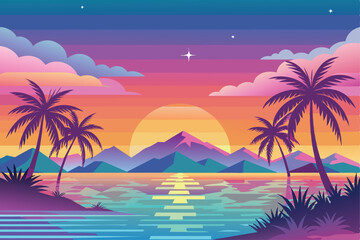 Colorful landscape of mountains, sea, palm trees and sunset. Pastel color vector illustration for summer design.