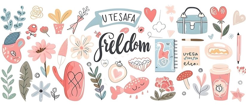 Naklejki set of cute doodle vector illustrations, notebook paper and sticker elements for planner decoration, pastel color palette, in the style of vector illustration, flat design, clipart