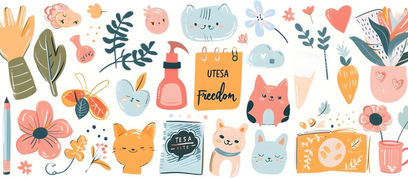 Naklejki set of cute doodle vector illustrations, notebook paper and sticker elements for planner decoration, pastel color palette, in the style of vector illustration, flat design, clipart
