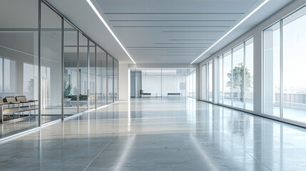 Fototapeta premium Modern office, Wide angle shot of an empty modern office with glass partitions, emphasizing a clean and minimalist aesthetic. The space is well-lit with natural light pouring