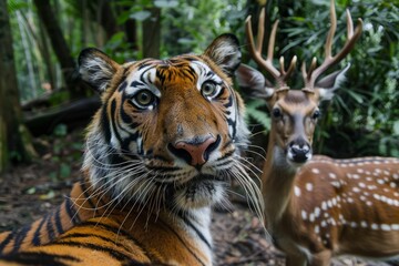 Fototapeta premium A tiger taking a selfie with a deer