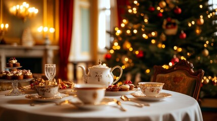 Victorian parlor room with a Christmas tree and a table set with tea and treats, cozy atmosphere, warm lighting, wide angle 