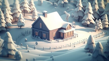 A house with a white roof and a chimney sits in a snowy field