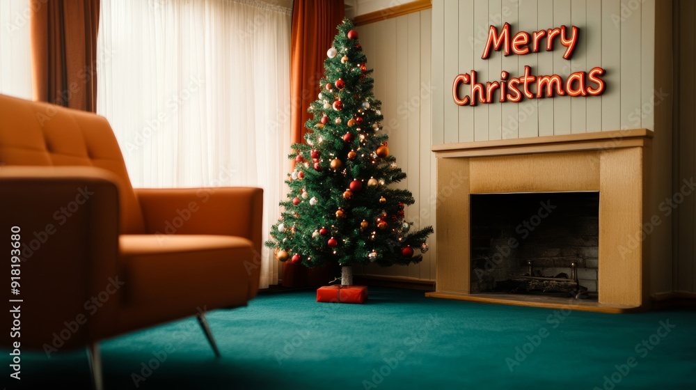 Canvas Prints Wide angle shot of a 1950s living room with a decorated Christmas tree, with the words Merry Christmas in festive lettering above the fireplace 