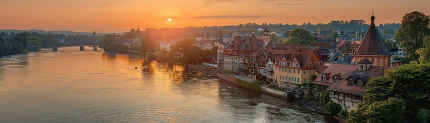 Obraz premium Beautiful Sunset Over Historic Riverside Town with Scenic Architecture and Calm River