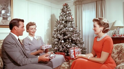Wide angle shot of a 1950s-style living room decorated for Christmas, with a silver tinsel tree, vintage ornaments, and family members in retro attire exchanging gifts 