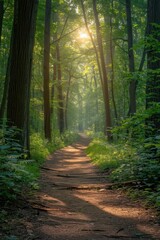 Serene Forest Pathway with Sunlight Filtering Through Trees in a Lush Green Woodland