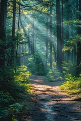 Fototapeta premium Sunlit Forest Path with Lush Greenery and Tall Trees in a Serene Woodland Setting