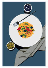 Abstract pasta posters from Italian cuisine for the kitchen. Decor for kitchens, cafes and restaurants. Minimalistic banner. Postcard. sticker