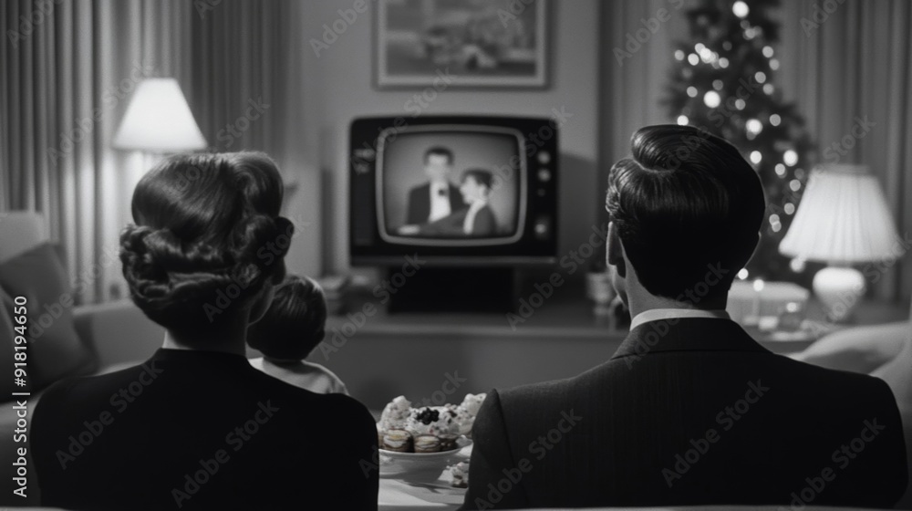 Canvas Prints Wide angle shot of a family gathered in a retro living room, watching a black-and-white TV and enjoying Thanksgiving treats, with vintage decor all around 