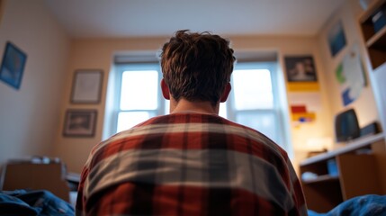 Fototapeta premium Wide angle shot of a dorm room with loud music playing and a disgruntled student trying to study, showcasing noise issues 