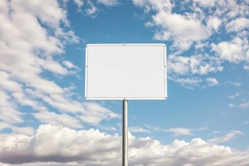 A white sign is standing in the sky with a blue background