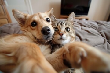 A cat taking a selfie with a dog