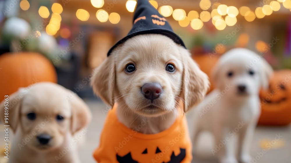 Poster Wide angle shot of a group of adorable puppies in various Halloween costumes, playing in a yard decorated with spooky lights and pumpkins 