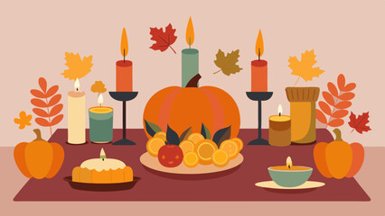 Harvest Table Setting: A beautifully arranged table setting with autumn-themed decorations, including pumpkins, gourds, and candles.
