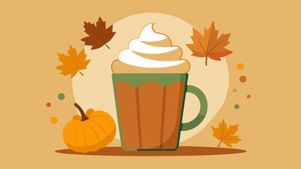 A close-up of a pumpkin spice latte with whipped cream and cinnamon, set against a fall background.
