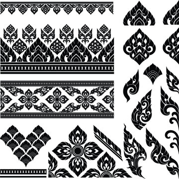 Thai Pattern Motif in Silhouette Flat Illustration for Asian Art Style Decoration