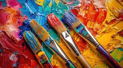 Fototapeta premium A top view of paintbrushes dipped in vibrant colors scattered across a multicolored canvas, showcasing artistic creativity.