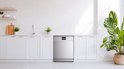 Wide angle shot of a modern apartment kitchen with a dishwasher running, sleek appliances, and minimalistic decor, creating a stylish and efficient space 
