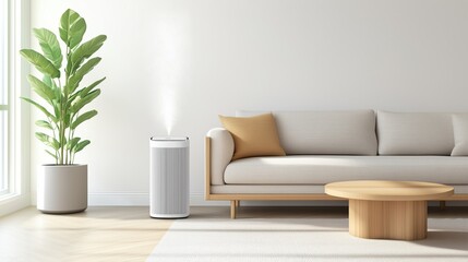 Wide angle shot of a living room with an air purifier running, showcasing clean air circulation, cozy furniture, and a bright atmosphere 