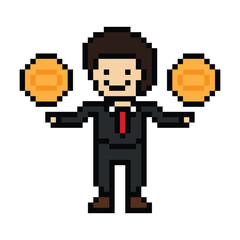 Cute pixel cartoon 8bit character business man businessman smart work game for decoration business 8 bit male career smart character game png vector.