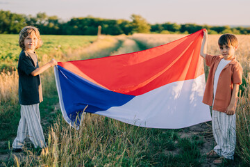 Czech Little Kids - Patriot Children Runs With National Flag On Nature