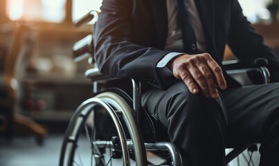 Obraz premium Close up hand Disabled businessman in wheelchair in office
