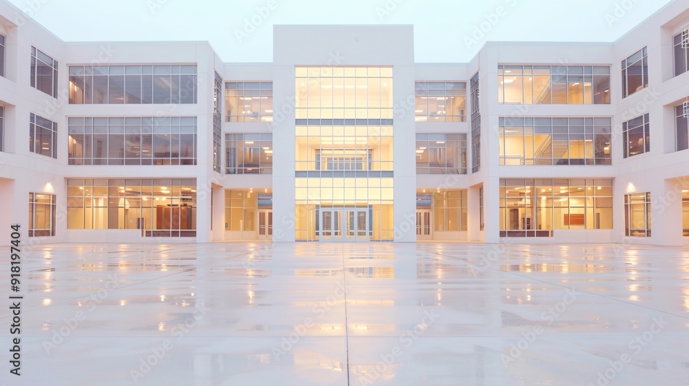 Poster modern building with large windows and wet pavement