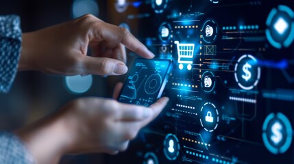 Digital Banking and Financial Technology Concept. A person presents digital banking and financial technology icons, and currency symbols, emphasizing modern online payment systems and e-commerce.