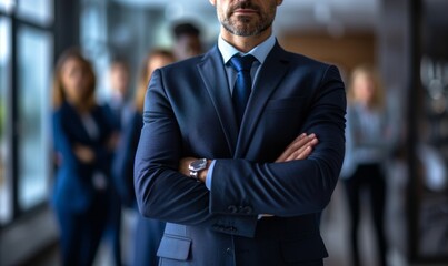 leader businessman in suit in with blured team people in office, successful teamwork and confident manager