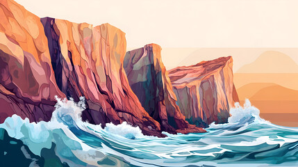 Abstract Coastal Cliffs with Crashing Waves and Earthy Colors - An illustration of abstract coastal cliffs with crashing waves and earthy colors, 