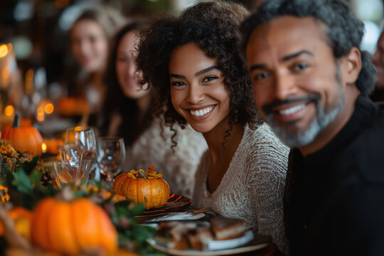A diverse family of multiple generations gathered around a festive dining table, enjoying a Thanksgiving meal together with laughter and conversation