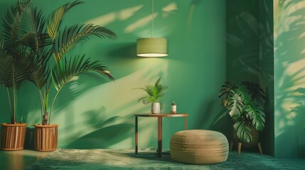 Ceiling lamp over tables with potted plants in a green living room with pouf on carpet. Real photo
