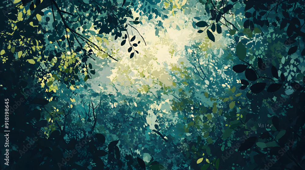 Poster abstract forest canopy with dappled light and leafy patterns - an illustration of an abstract forest
