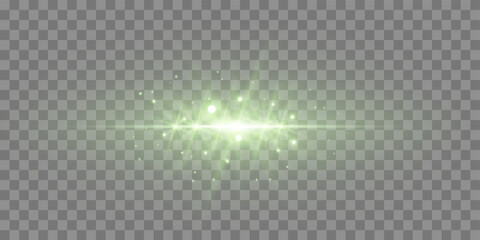 Green horizontal lensflare. Light flash with rays or green spotlight. Glow flare light effect. Vector illustration. Isolated on transparent background.