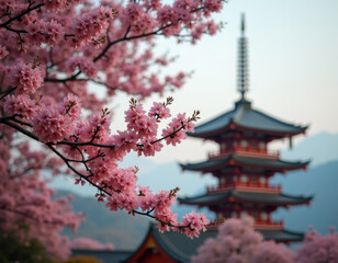 A tree with pink flowers in front of a pagoda.