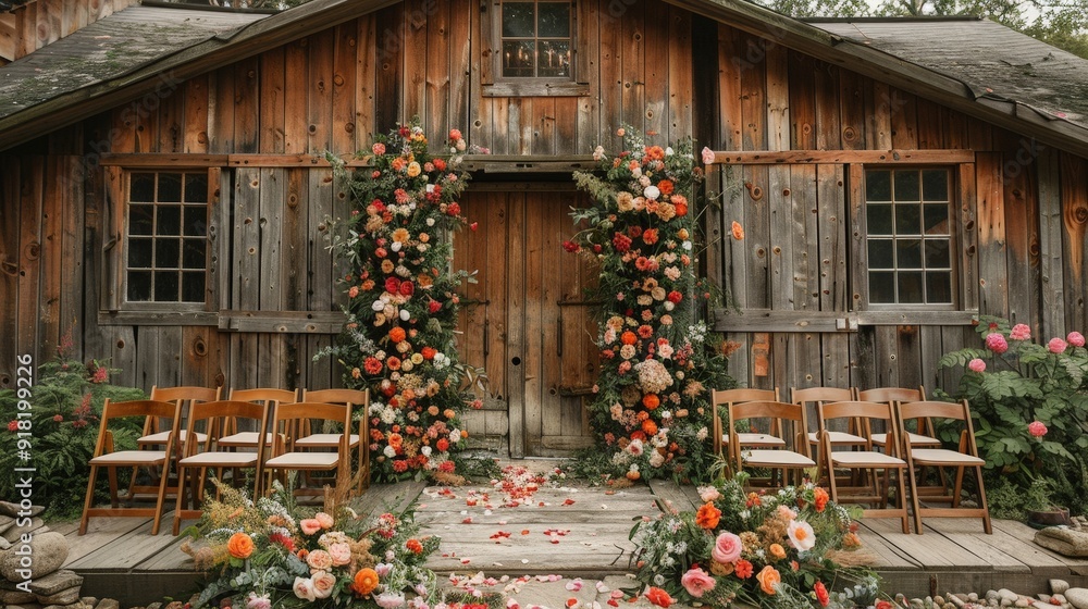 Sticker Rustic barn wedding with classic luxury decor and a flower backdrop